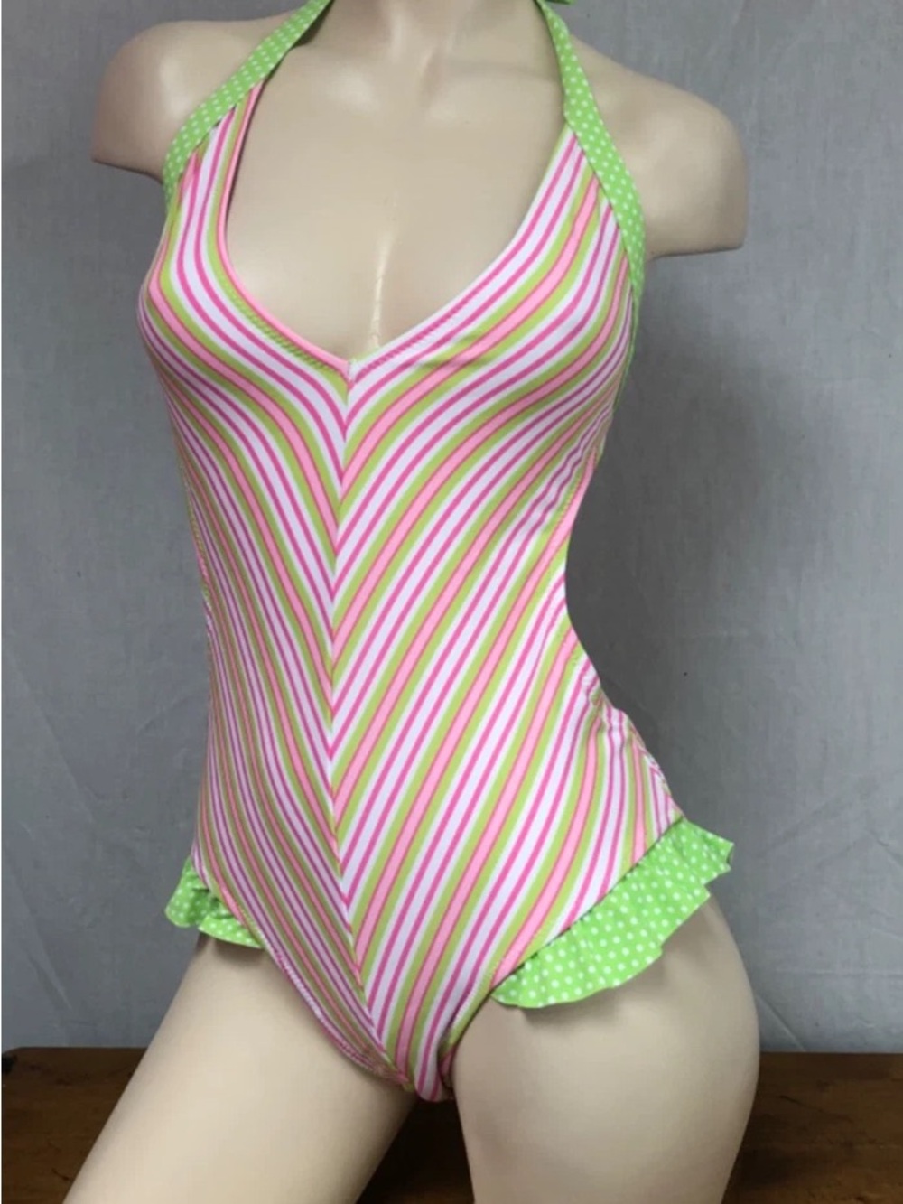 Striped Pink & Green Halter One-Piece Swimsuit with Polka Dot Trim